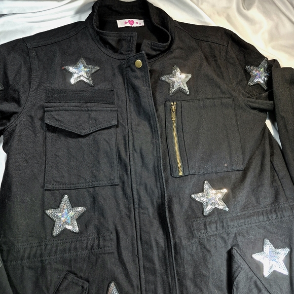 Buddy Love Black Sequin Star Military Utility Jacket Cotton Canvas Parker Cargo - Picture 9 of 13